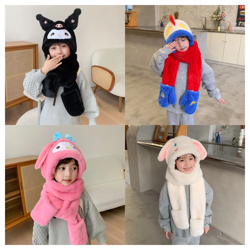 

Kawaii аниме Sanrioed Плюшевая Кукла Детская шапка шарф перчатки Набор милый My Melody Cinnamoroll Kuromi плюшевый теплый ветрозащитный шарф