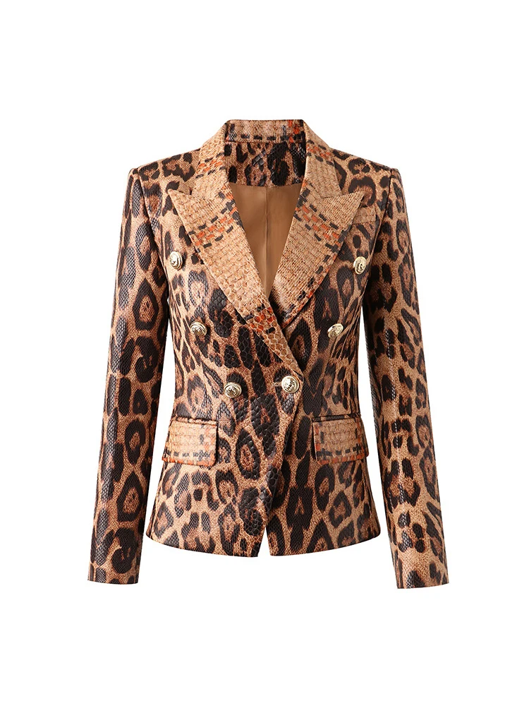 HIGH STREET Newest 2022 Designer Jacket Women's Double Breasted Lion Buttons Snake Leopard Print Synthetic Leather Blazer