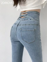 2022 women pants skinny pencil jeans four buttons vintage high waist women slim stretch denim pants tight trousers