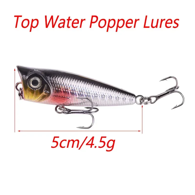 Фото 1 шт. приманка для рыбалки Topwater Popper 5 см 4,5 г воблеры для троллинга пластиковая жесткая искусственная приманка с 10 шт. #   Крючки для окуня, щуки, сома №3