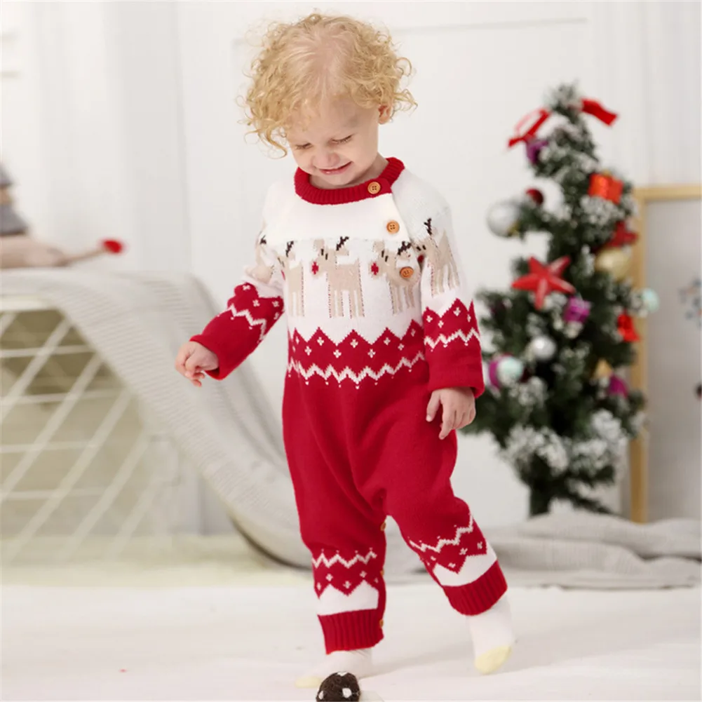 

Baby Boys Girls Sweater Christmas Clothes Romper Reindeer Long Sleeve Elk Printed Jumpsuit New Year's Costume 3-18 M