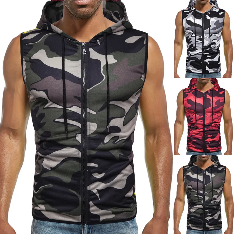 

Men's Camouflage Zipper Hoodies Outdoor Casual Sport Sleeveless Print Fitness Vest Tops Lightweight Sweatshirt Male Tracksuit