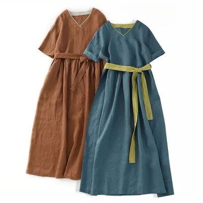 

Hot sale high quality Solid White Black Fashion Elegant cottn linen Dress loose comfortable female dress Female Vestido