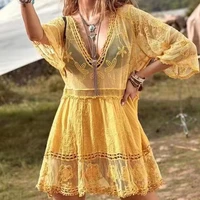 womens floral beach cover up dress bikini swimwear lace sexy v neck cover up dress female boho casual party holiday beach dress