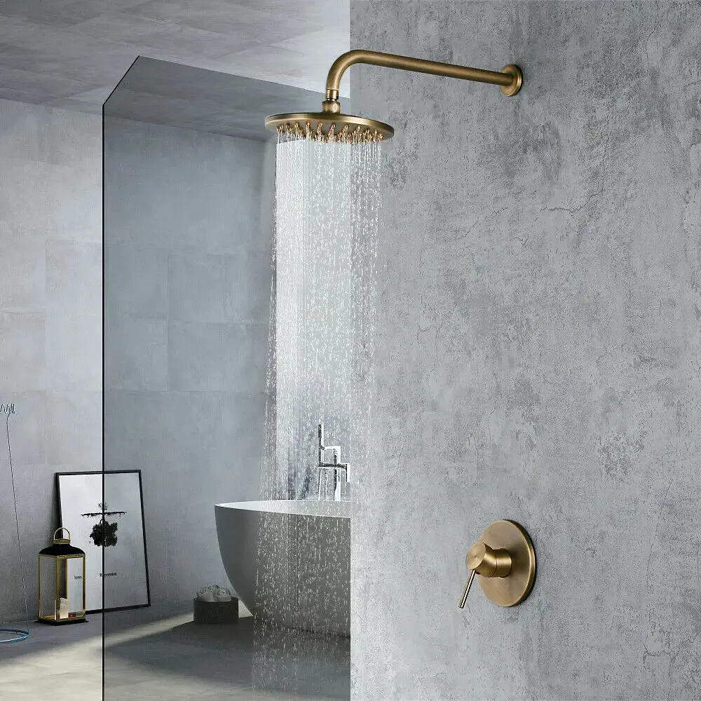

Round Rain Shower Head Only Wall-Mount Shower Faucet 1-Handle in Antique Brass