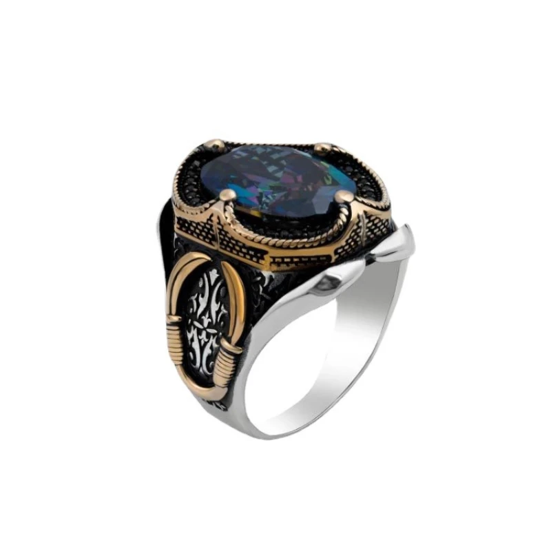 

New Fashion Colorful Gemstone Inlaid Zircon Round Ring Two-color Retro Pattern Opening Adjustable Ring