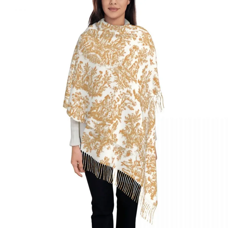

Female Long Vintage Toile De Jouy Scarves Winter Fall Thick Warm Tassel Shawl Wrap French Motif Light Brown And White Scarf