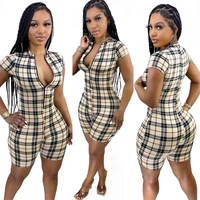 2022 summer plaid jumpsuit women sexy zipper v neck short sleeve skinny playsuit fashion casual overalls streetwear romper