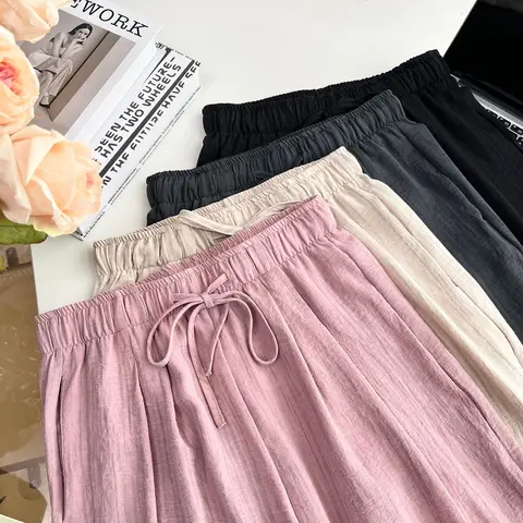 Новые летние широкие брюки больших размеров, женская одежда, 100 кг, простые и тонкие прямые повседневные длинные брюки из ледяного шелка 8579