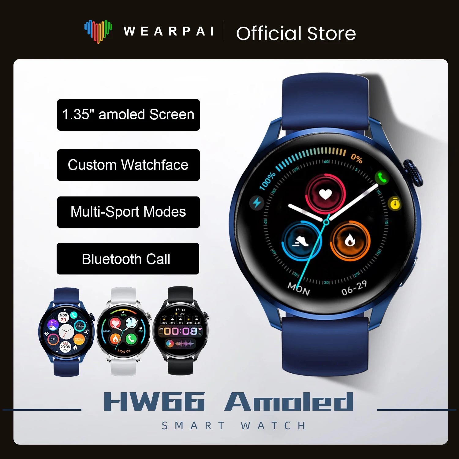 

Смарт-часы Wearpai HW66 мужские, умные часы с AMOLED экраном HD, с функцией измерения кровяного давления, с Bluetooth, с автономной оплатой, pk GTR GTS 2 Pro
