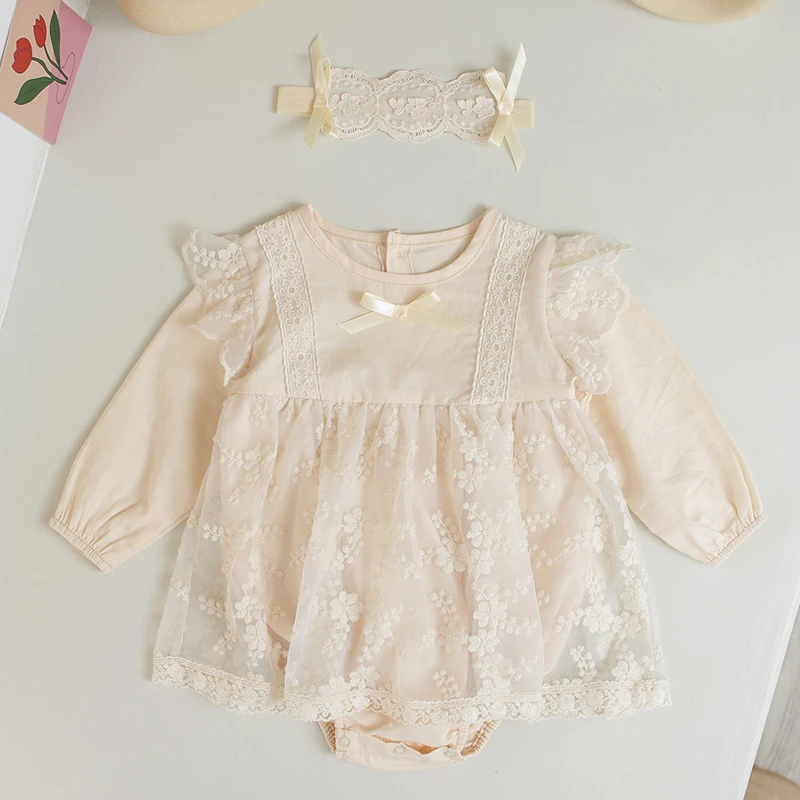 

Autumn Spring Infant Baby Girls Jumpsuit+Hair band Cotton Long Sleeve Lace Stitches Embroidery Infant Baby Girl Bodysuits