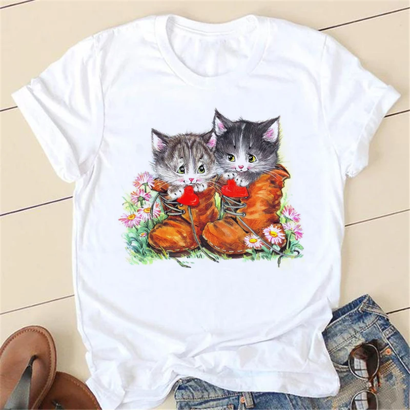 

Женские футболки, футболки с принтом милого кота, модные футболки с круглым вырезом, повседневные женские футболки, топы, женская одежда, фу...