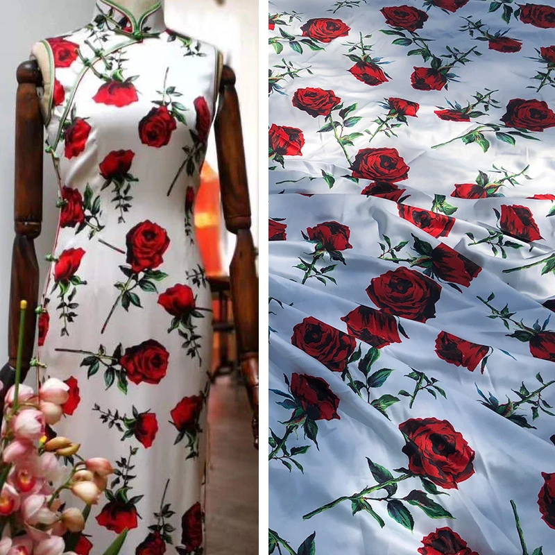 

Print Polyester Fabric Spring Summer New Arrival Rose Flower Soft Stretch Satin Cloth Digital Skirt Diy Sew by the Yard