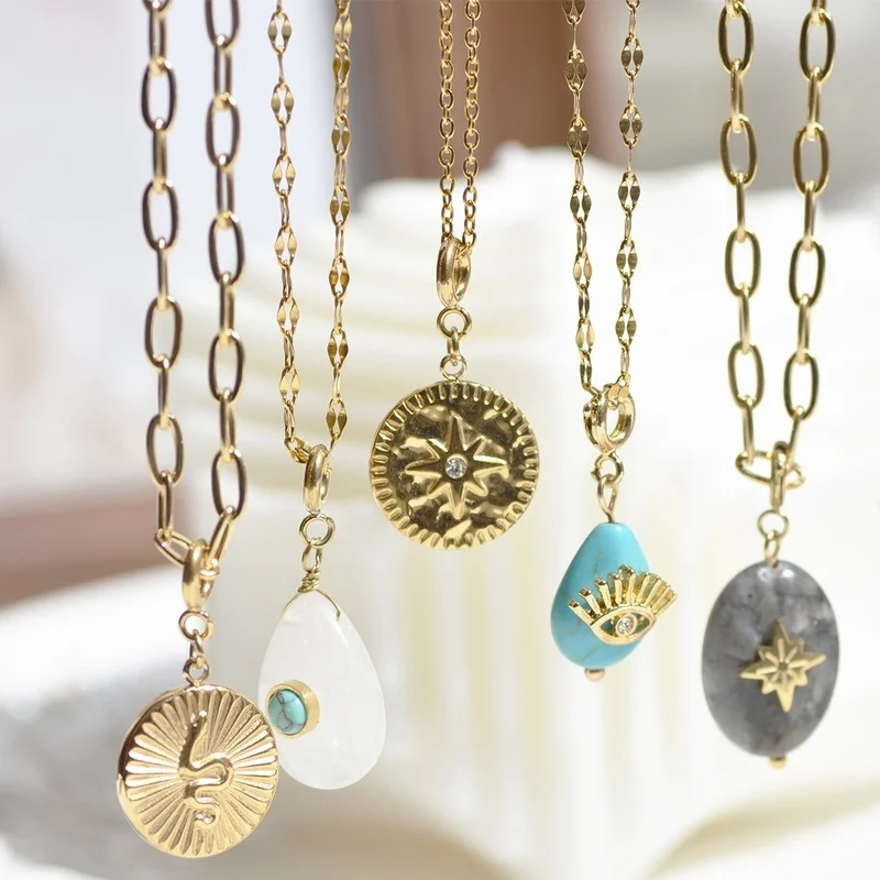 

Natural Stones Pendants Necklace Stainless Steel Necklace for Women Turkish Evil Eye Turquoise Geometric Gold Chains Necklaces