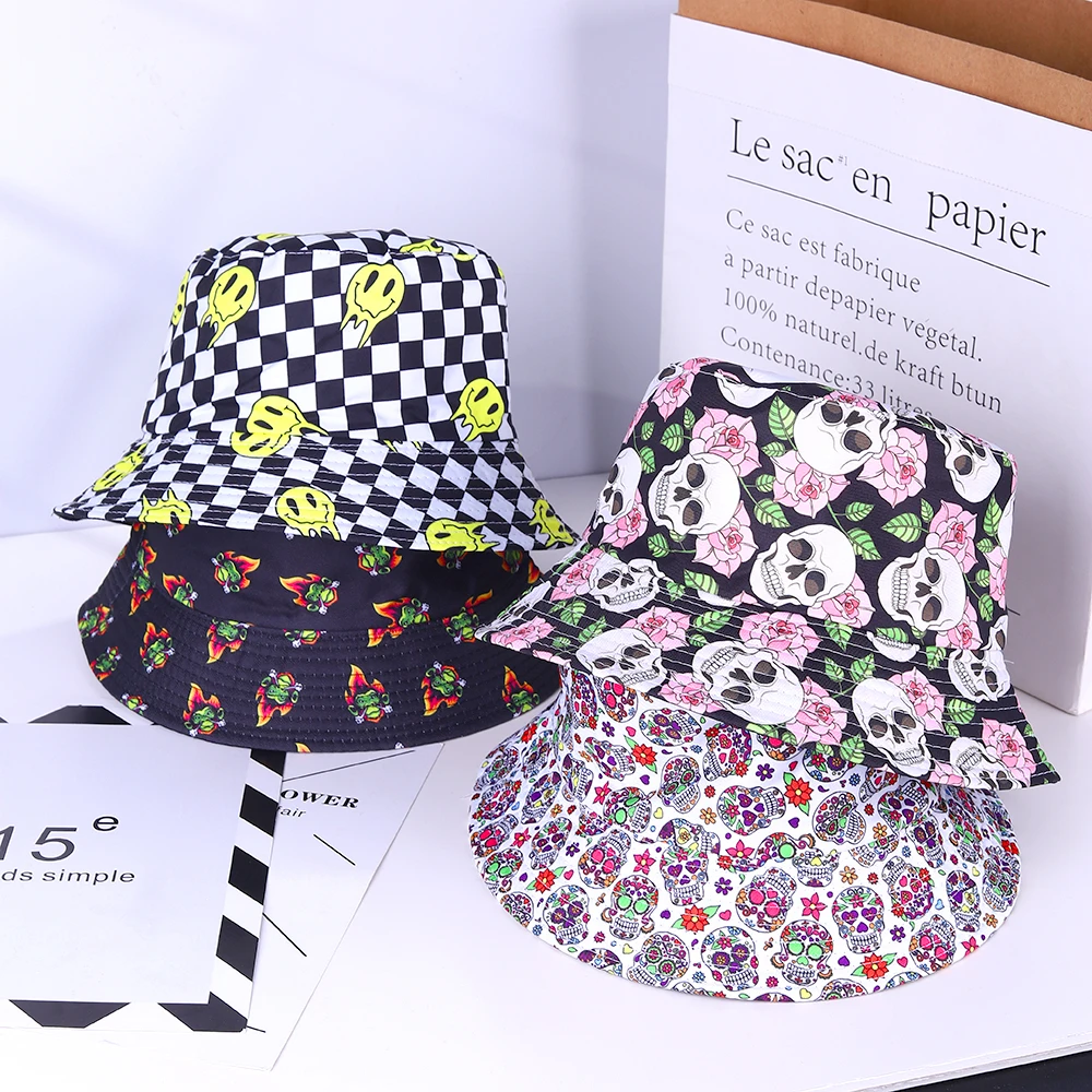 

Halloween Skull Ghost Pattern Print Double-sided Sun Visor Hat Outdoor Recreational Fisherman Cap Bucket Hat