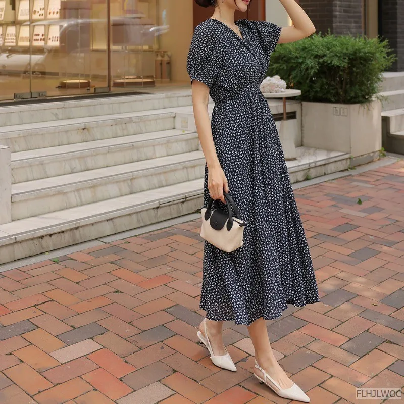 Женское длинное платье с цветочным принтом элегантное черное шикарное корейское