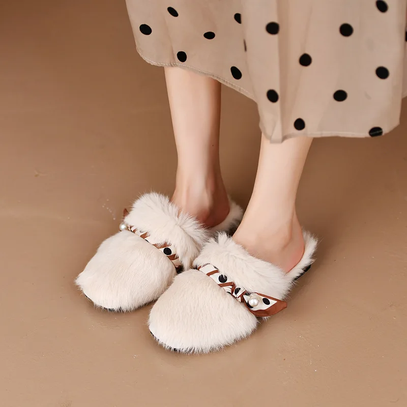 

Female Shoes Slippers Casual Cover Toe Low Mules For Women 2022 Fur Flip Flops String Bead Slides New Luxury Plush Rome Fabric H