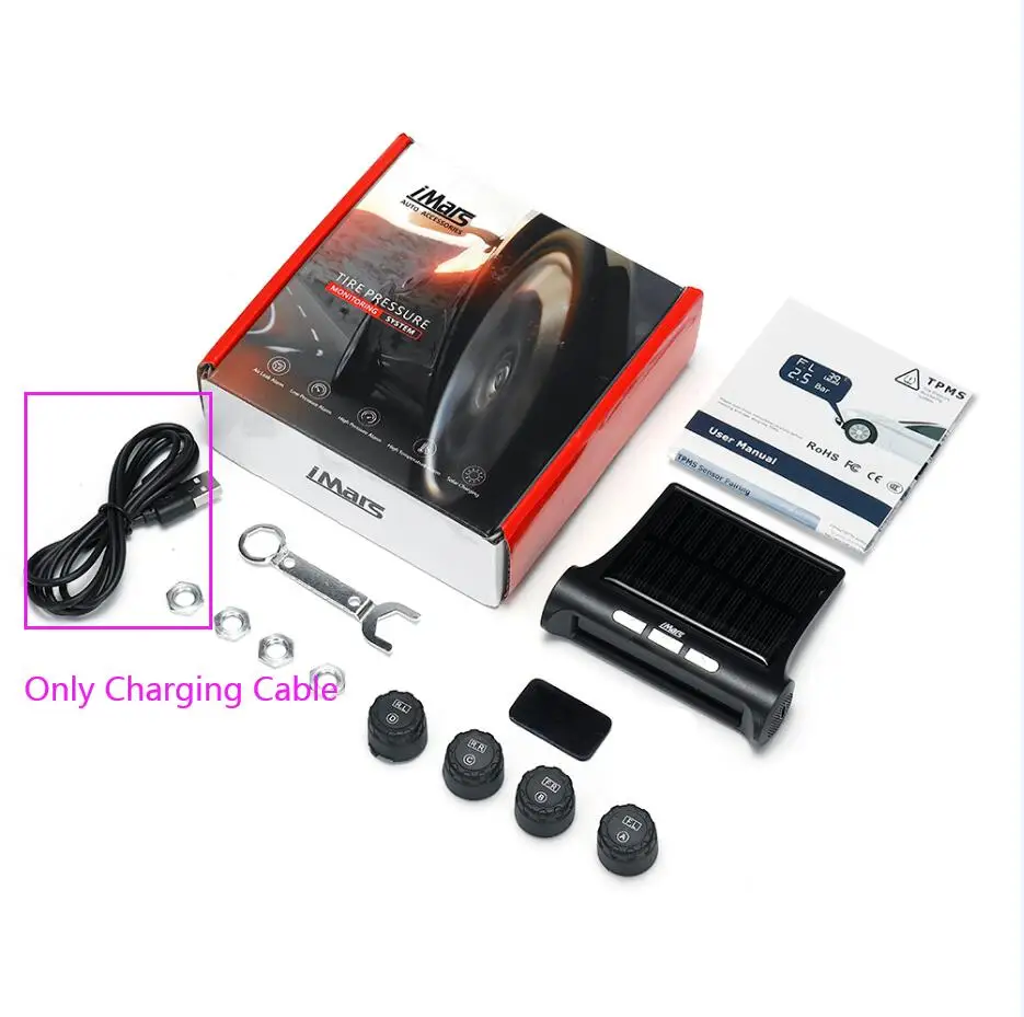 

Система контроля давления в шинах IMars T240 TPMS на солнечной батарее, универсальный тестер, беспроводной зарядный USB-кабель с ЖК-дисплеем