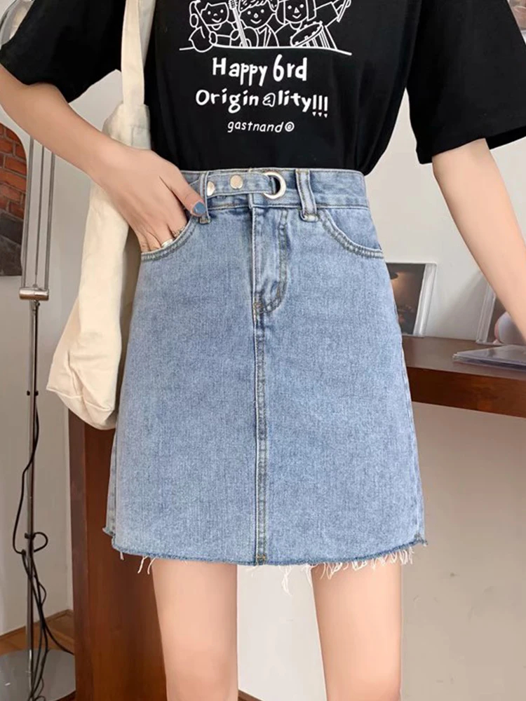 

Ailegogo Streetwear Female Vintage High Waist Loose Raw Hem Blue Denim Skirt Summer Women A-line Jeans Skirts Ladies Bottoms