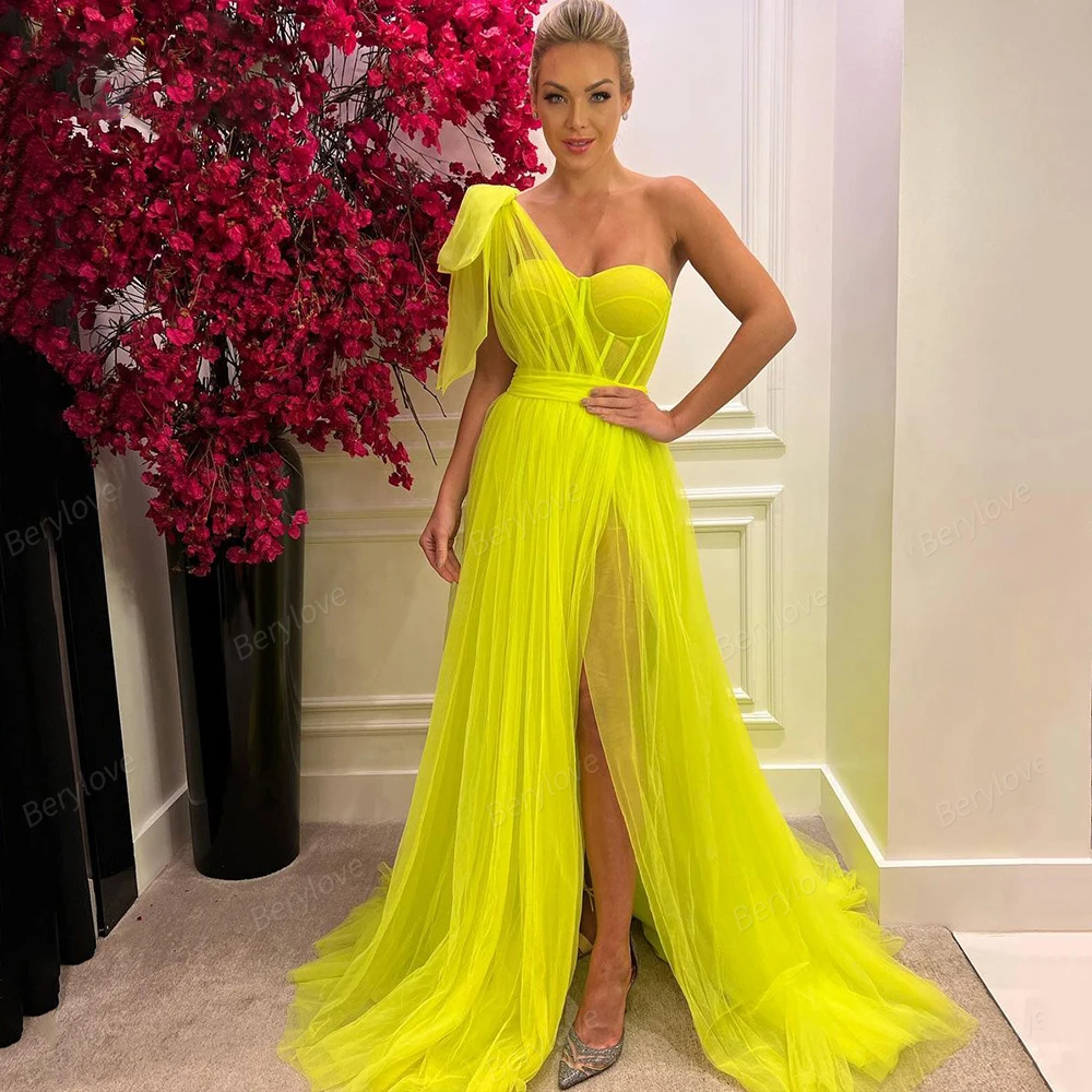

Elegant Yellow Evening Dresses One Shoulder With Slit A-Line Backless Tulle Train Long Formal Party Prom Gowns Robes De Soirée