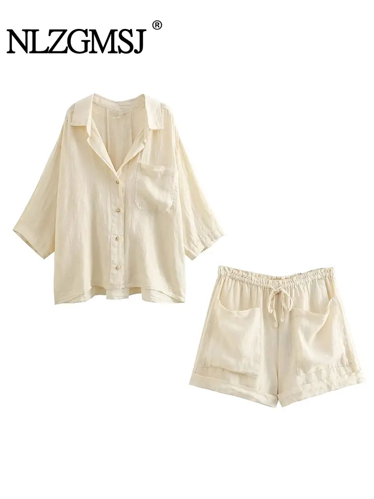 

Nlzgmsj TRAF - 2023 Spring Autumn Pajamas Women Two Pieces Set Top Shirt And Wide Leg Shorts Women Casual Suit Outfit