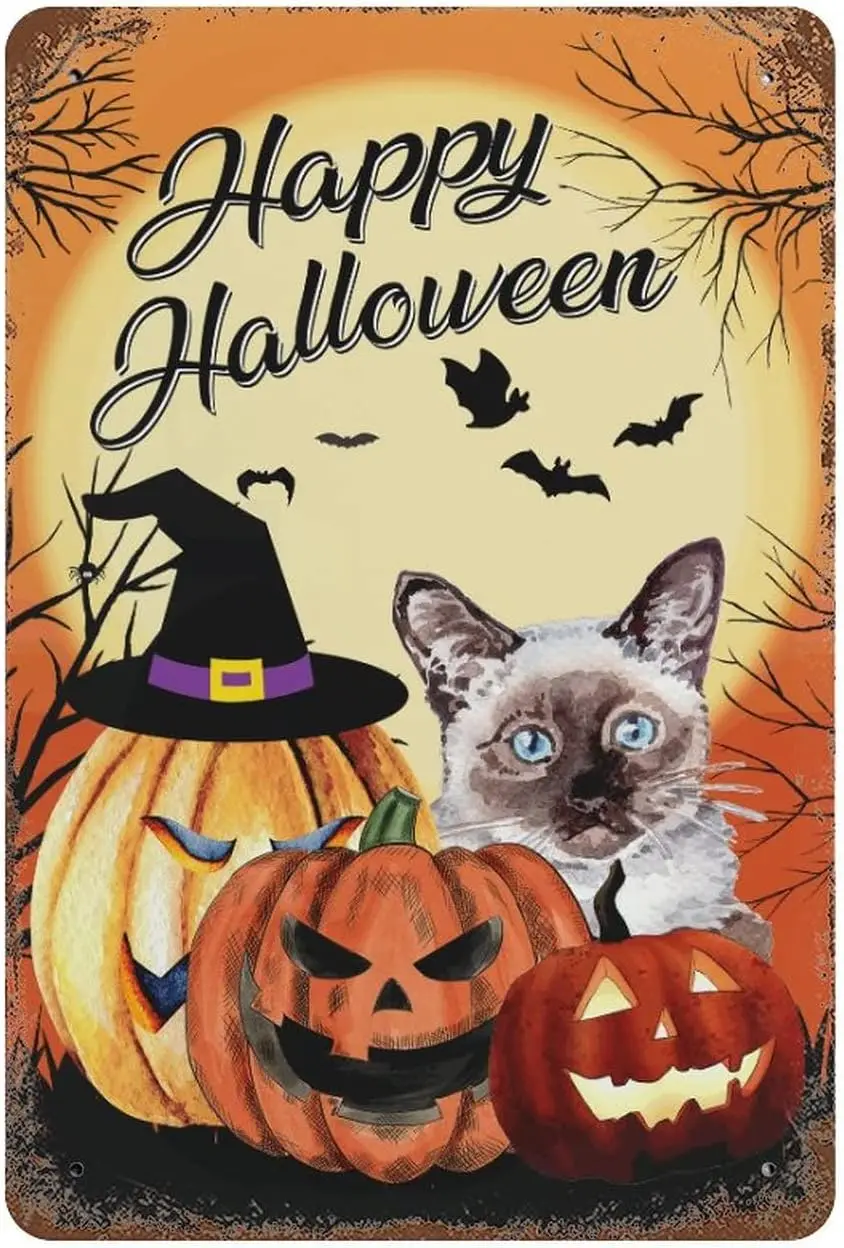 Blck Ct Pumpkn Bt Metl Sgns Outdoor nd Decor Hppy Hlloween Tn Sgn Vntge Wll Mn Cve Br 812 n