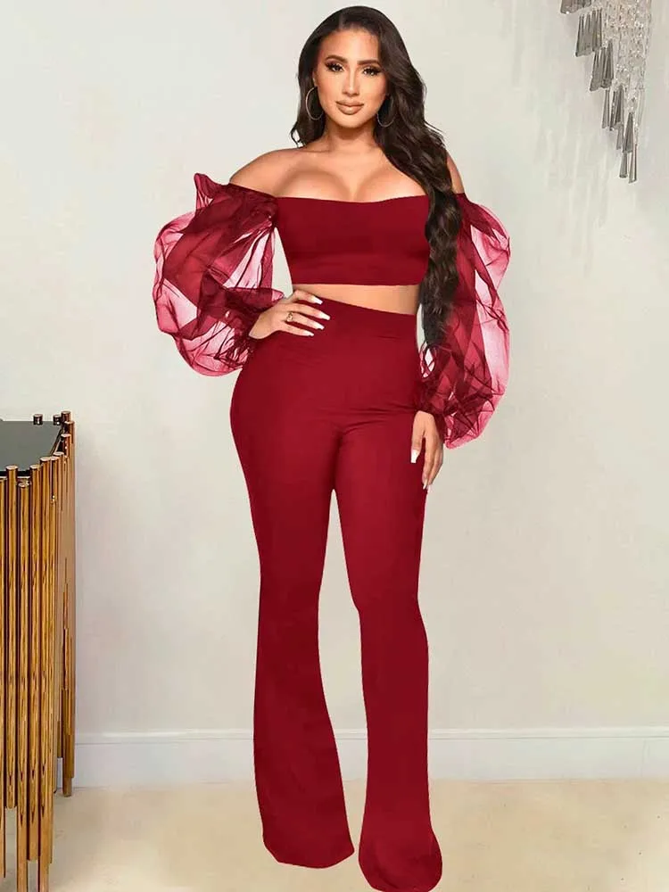 Шикарный и элегантный женский комплект брюк с открытыми плечами укороченный топ