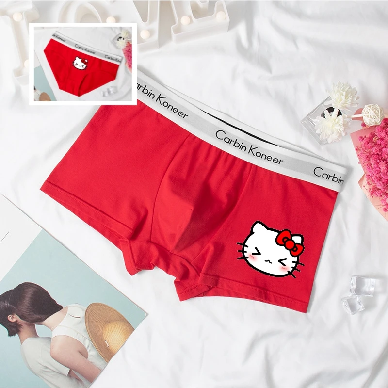 

Kawaii Hello Kitty Anime Couple Pants Cotton Breathable Mid Rise Solid Shorts Men Flat Corner Women Triangle Simple Sports Set