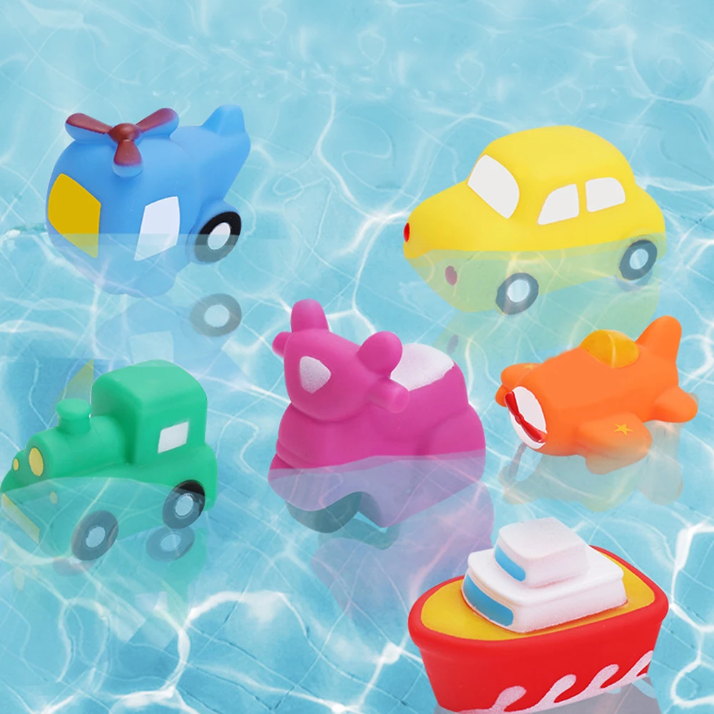 

6pcs 1 Year Cute Floating Vehicle Car Boat Shape Baby Shower Bath Toy With Sound Boys Girls Beach Bath oom Baby Bath Toys