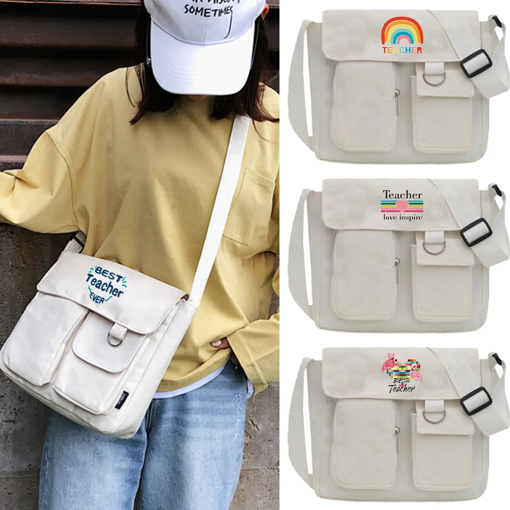 Women's Shopping Shoulder Bag Canvas Messenger Bag Unisex New Casual Simple Travel Teacher Series Printed Large Capacity Handbag