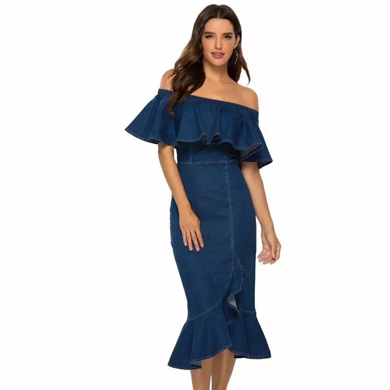 

NEW IN Summer Elegant Slim Party Denim Dress Fashion Off Shoulder Sexy Dress Lady Vintage Ruffle Split Jeans Dresses Vestido