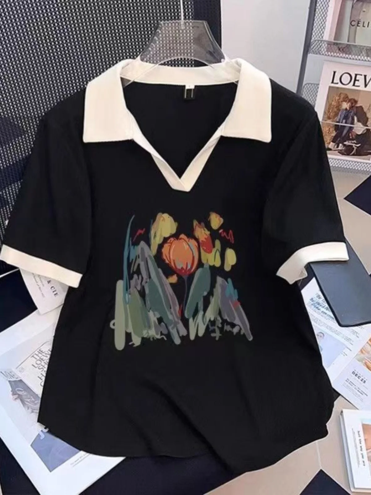 Fat Girl 50.00kg Plus size Contrast Color V-neck Short sleeve T-shirt Women Summer Loose Age Reducing Patchwork Polo Shirt H...