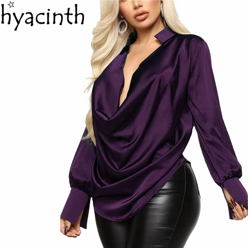 

Ladies Temperament Loose Shirt Tops Women Leisure Style Solid Color Satin Finish Cowl Neck Ruched Long Sleeve Blouse