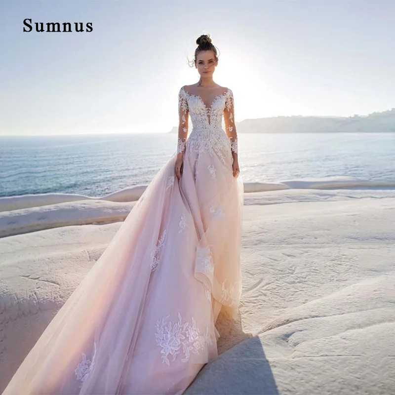 

Свадебное платье из тюля с цветочной аппликацией цвета шампанского, с длинным рукавом и V-образным вырезом, с иллюзией сзади, бальное платье ...