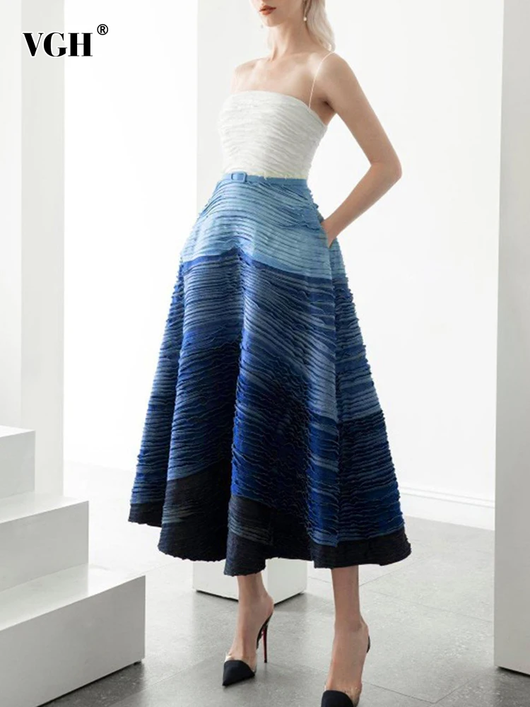 

Женское джинсовое Деловое платье VGH, лоскутное платье без бретелек, с воротником-лодочкой, без рукавов, с высокой талией и градиентом, 2023