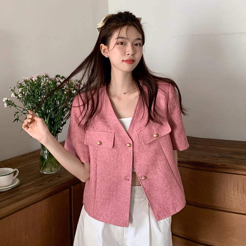 WDMSNA Korean V-neck Short Sleeve Jackets Coat Women Summer 2022 New Woman Jacket Retro Single Breasted Cardigan Short Top