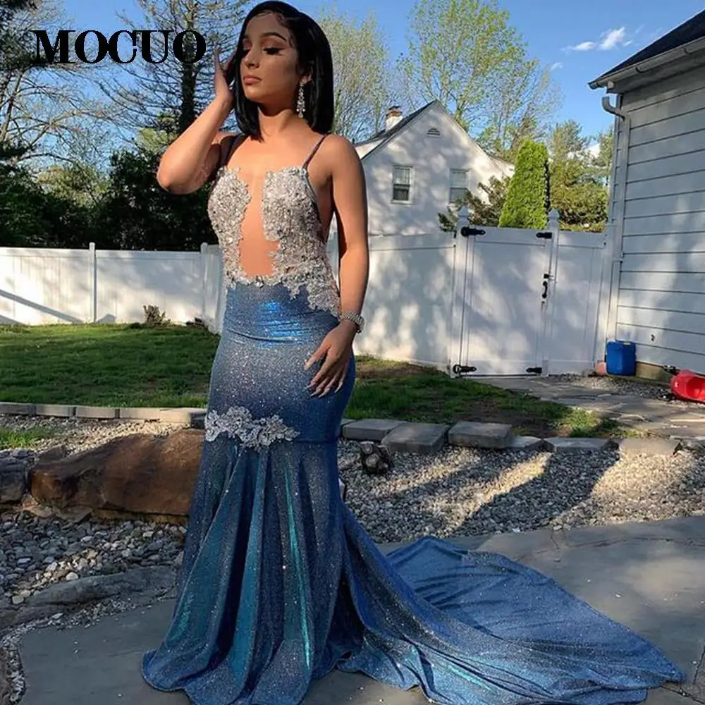 

Fitted Long Sexy Prom Dresses 2022 Sheer Top Beaded Lace Sparkly Navy Blue African Black Girls Real Picture Prom Gala Gowns