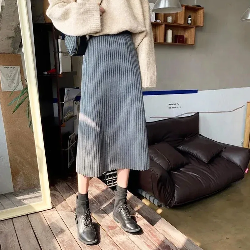 

Long Thick Skirts Women Warm Cozy Elegant Trendy Casual All-match Harajuku Korean Soft Elastic Waist A-line Knitted Skirt
