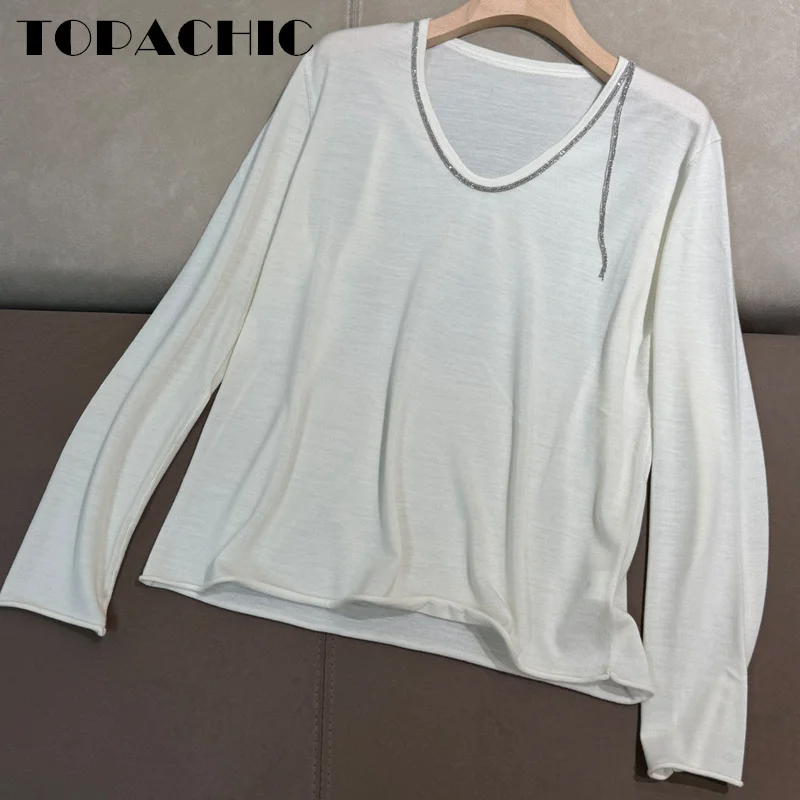 11 15 TOPACHIC-Женский новый трикотаж из 100% шерсти пуловер топ цепочка с бисером