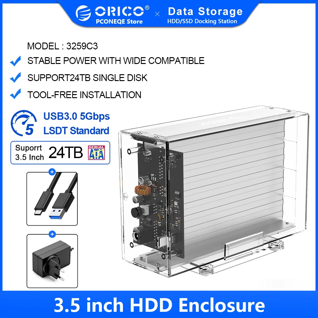 ORICO 3259C3 Transparent Series Dual-Bay 3.5 Inch Type-C Portable Hard Drive Enclosure with Raid Mobile Array Hard Disk SSD Box