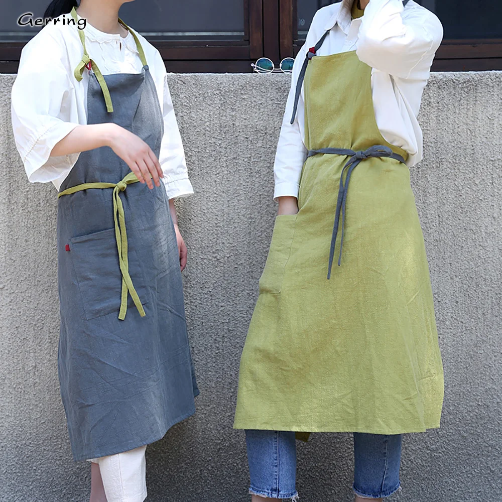 

Gerring New Japanese Apron Woman Cotton Linen Dress Loose Sleeveless Art Kitchen Breathable Aprons For Women With Pocket