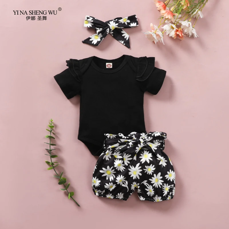 

Baby Girls Clothes Outfit Short Sleeve Tops Romper Shorts Bow Headband Daisy Print Clothing Suit Newborn for Girl Costumes 3Pcs