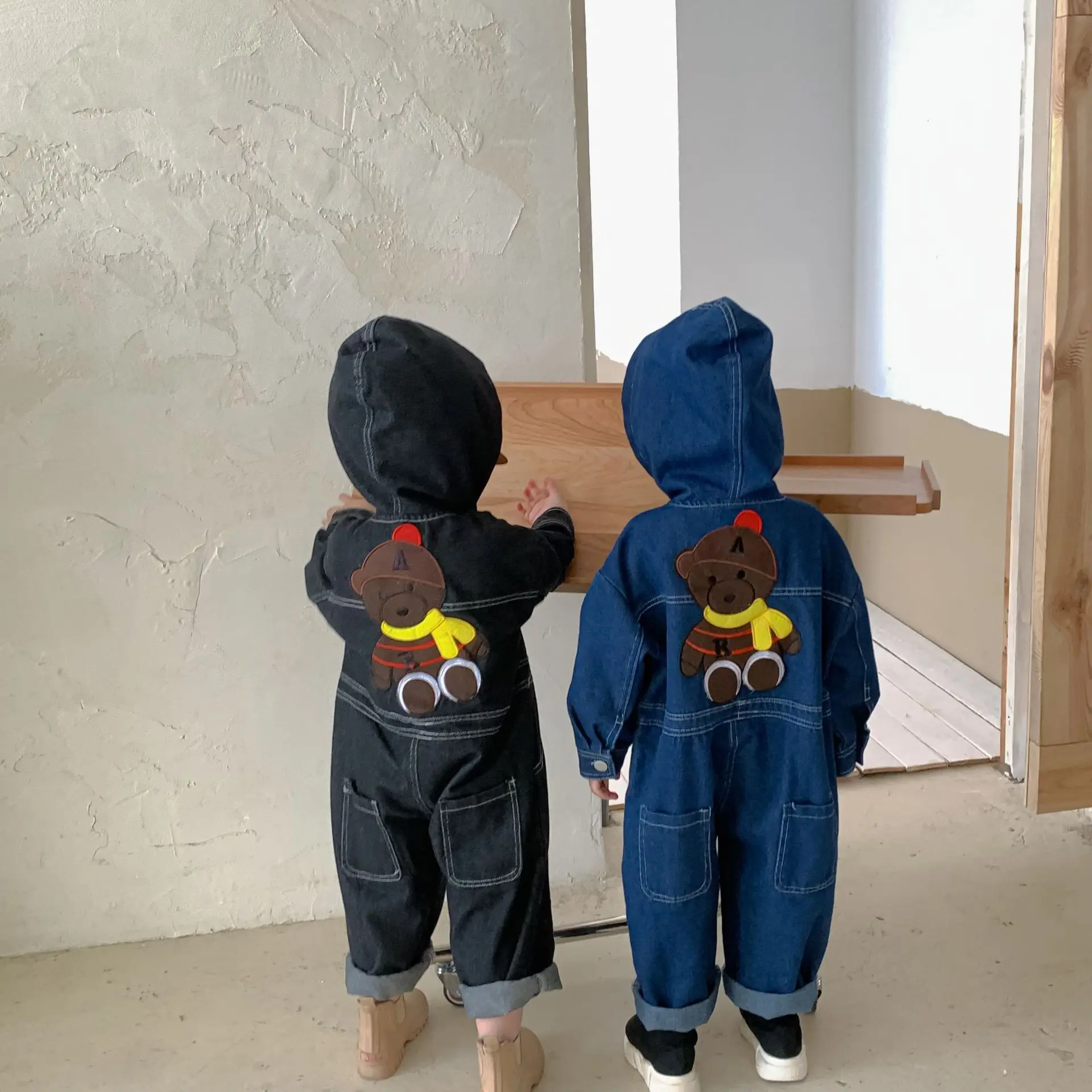 RiniKinda 2022 Autumn New Boys and Girls Cartoon Long Sleeve Loose Casual Jumpsuits Kids Hooded Denim Ankle Length Playsuits