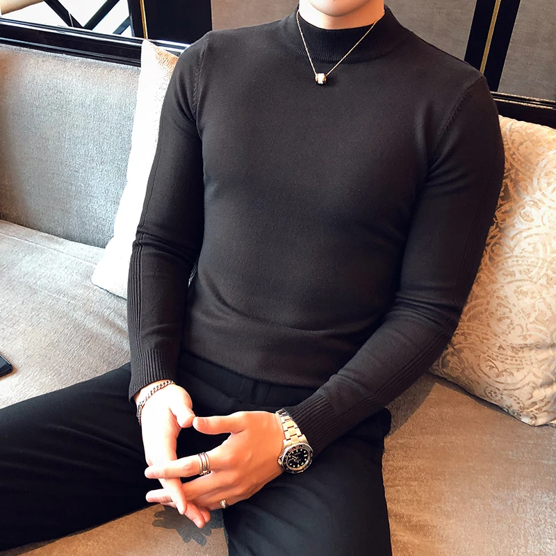 2022 Men's Fall Winter Fashion Long Sleeve Knit Sweater Simple Solid Color Slim Casual High Neck Streetwear
