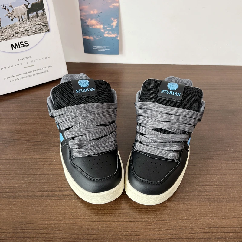 Hong Kong Sle Retro Dark Black Thick Bottom Bread Shoes Men's Ins Low Top Versatile Casual Couple Sneakers Women 2024 New