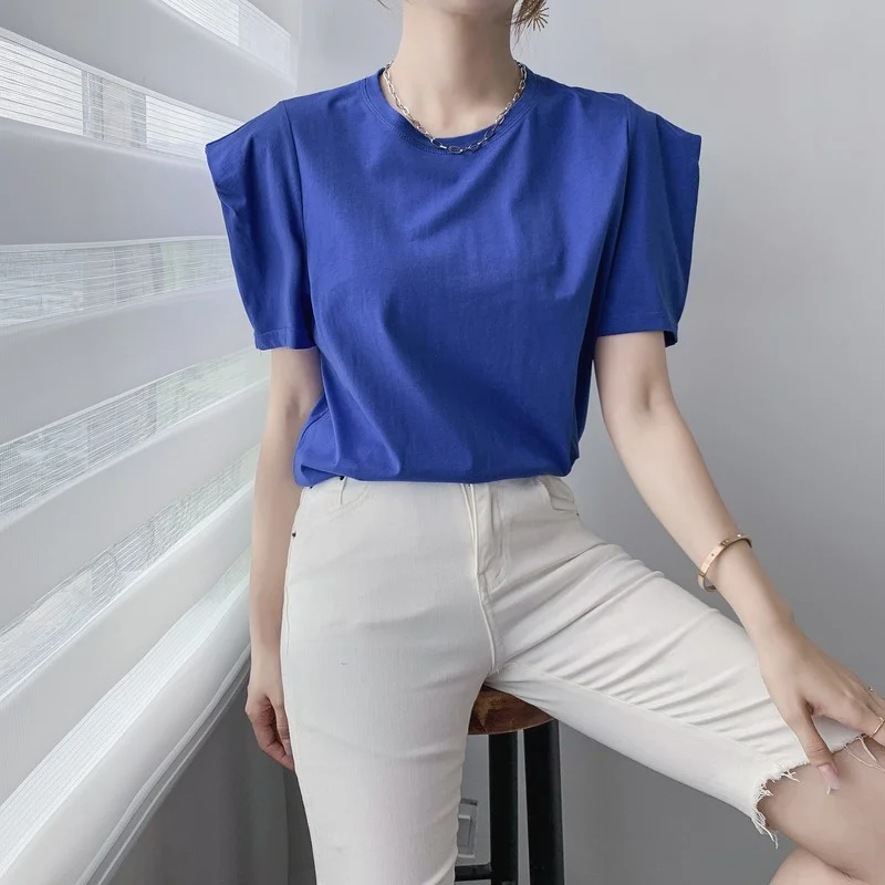 

Cotton Tops Women Solid Color Casual Summer T-shirts 2021 New Fashion Bubble Sleeves Tops Korean Female Loose Tees Streetwear