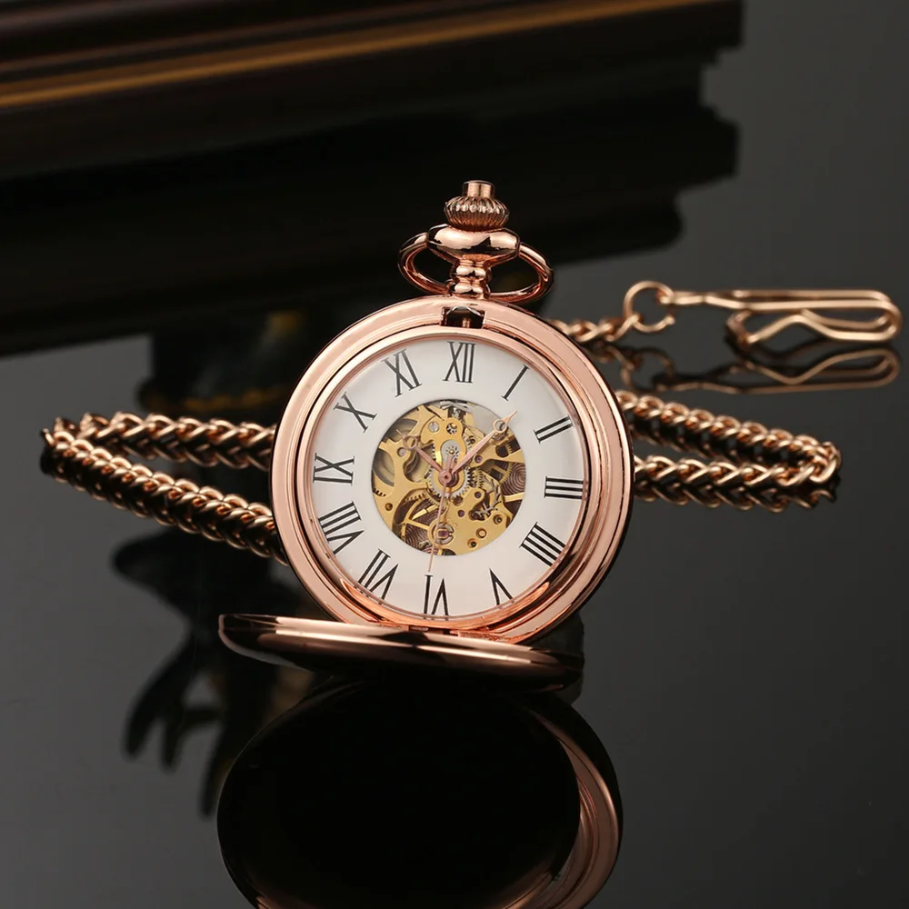 Luxury Dual Open Case Vintage Gold Mechanical Pocket Watch for Men Women Skeleton Dial Roman Numeral Man Fob Chain Pendant Clock