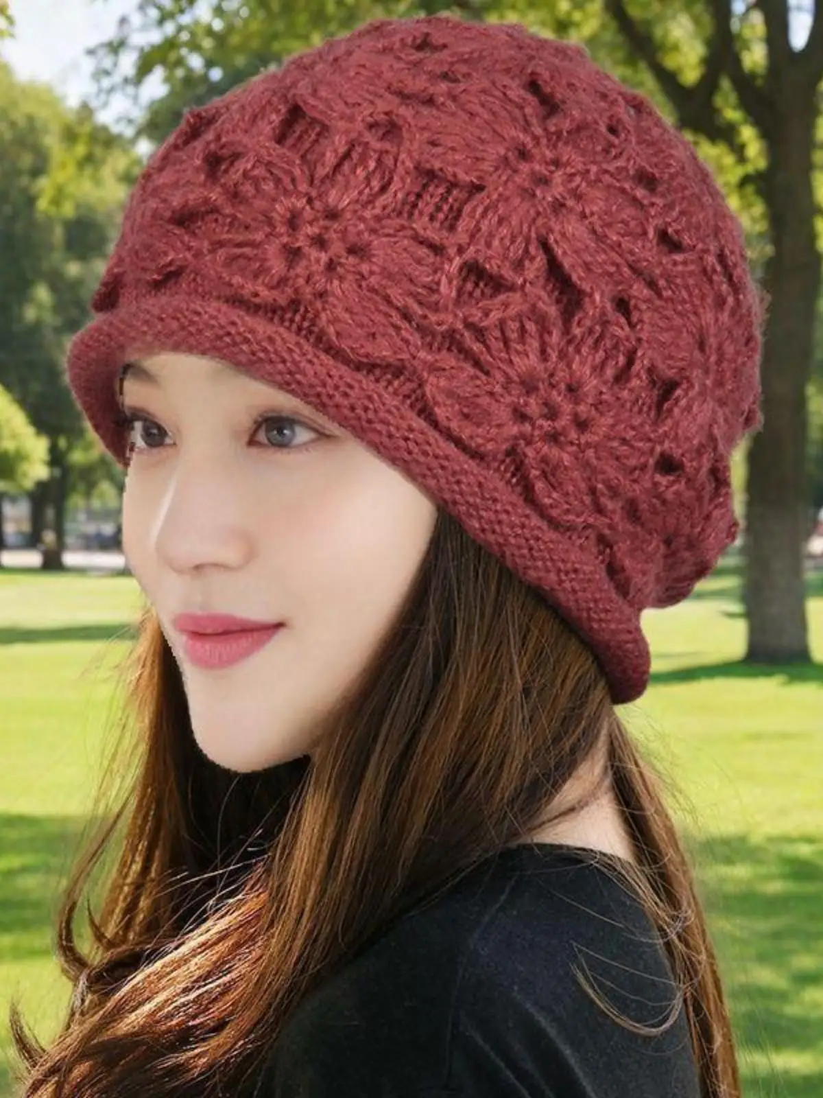 Hat Women Autumn and Winter Woolen Cap Handmade Crochet Sleeve Elegant Toque Knitted Warm Flower