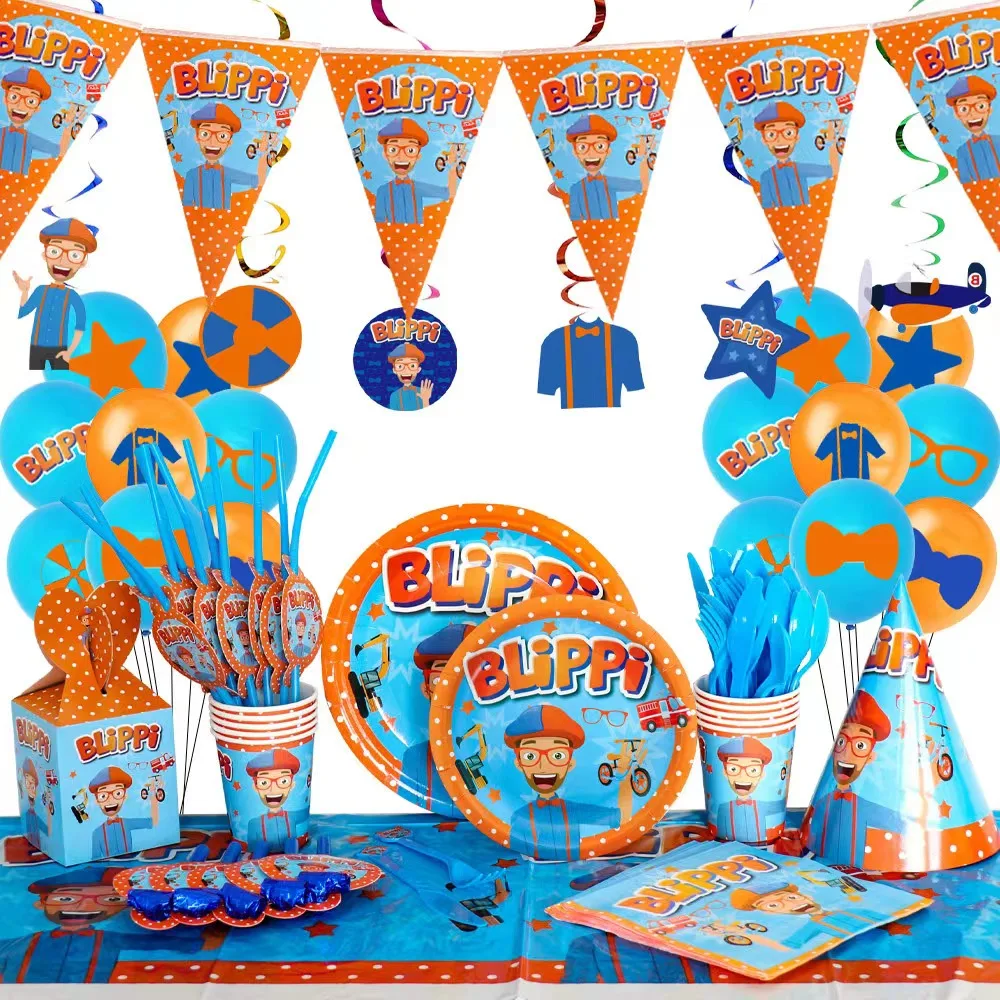 

Blippi Theme Birthday Party Disposable Tableware Paper Cup Plate Napkins Banner Cake Decor Baby Shower Kid Favorite Toy Supplies