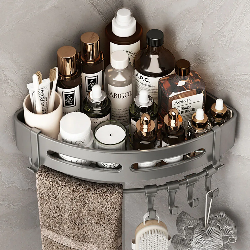 Угловая душевая полка серого цвета для ванной комнаты алюминиевая настенная